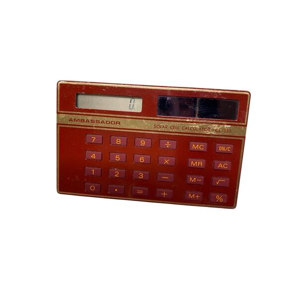 Ambassador CL-531 Vintage Red Solar Calculator Gold Trim Retro 1980s Collectible - Picture 3 of 7
